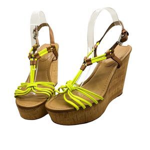 Coach Georgiana Sandal Cork Wedge Heel Neon Yellow Straps Size 10